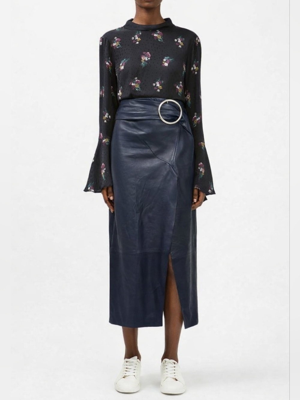 Topshop Boutique Lambskin Leather Belted Midi Skirt Navy Soft Leather. Size US 2